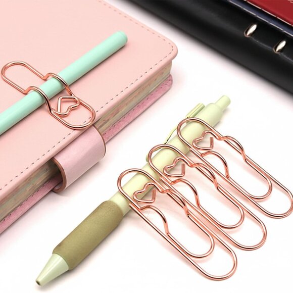 12-Pack Pen Holder Clips for Notebook, Cute Heart Paper Clips,Rose Gold Office S - Picture 2 of 7